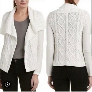 CAbi Cable Knit White Open Front Shawl Collar Cardigan, Small